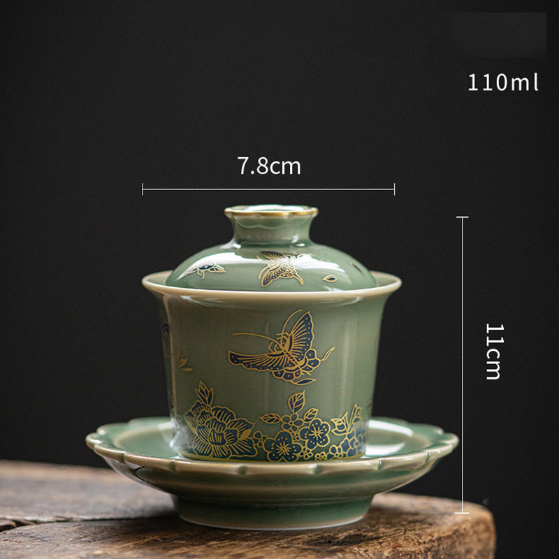 Nimara Ritual Green Porcelain Butterfly Flower Salmon Fish Ceramic Gaiwan Sancai Teacup Kung Fu Tea Cup And Saucer With Lid
