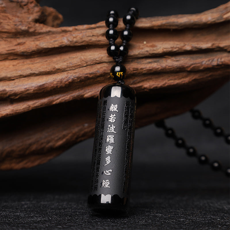 Nimara Ritual Natural Black Obsidian Heart Sutra Purification Necklace Pendant