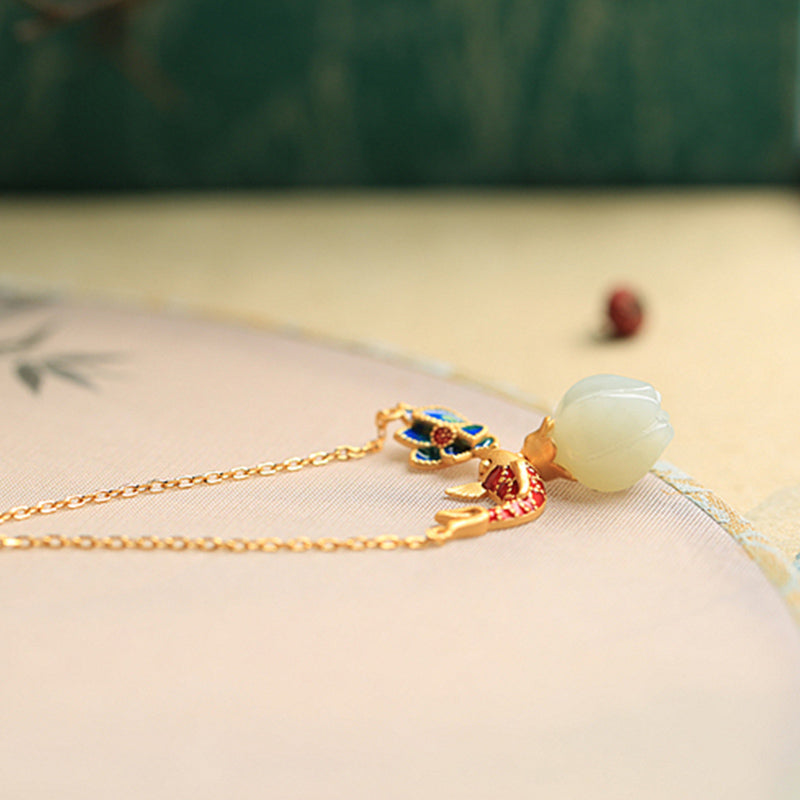 Nimara Ritual White Jade Koi Fish Lotus Copper Protection Necklace Pendant