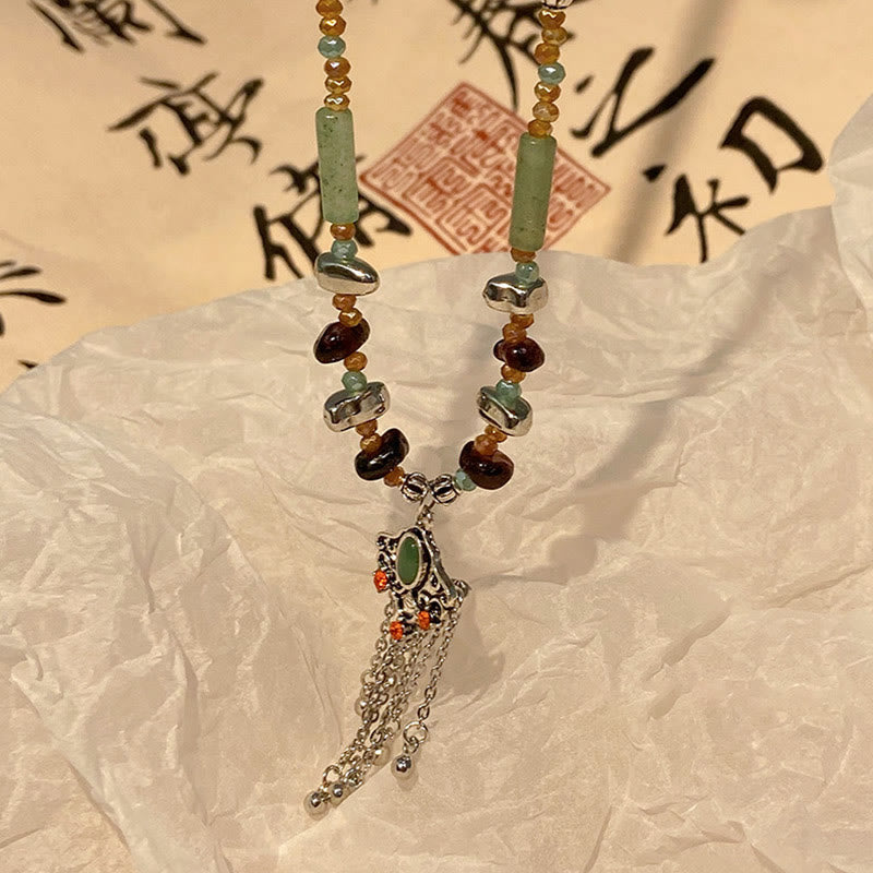 Nimara Ritual Tibetan Crystal Stone Copper Luck Tassel Necklace Pendant