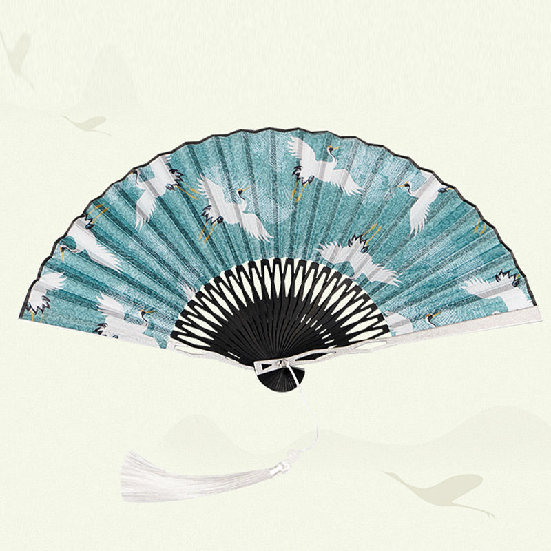 Nimara Ritual Vintage Blue White Crane Pattern Handheld Silk Bamboo Folding Fan