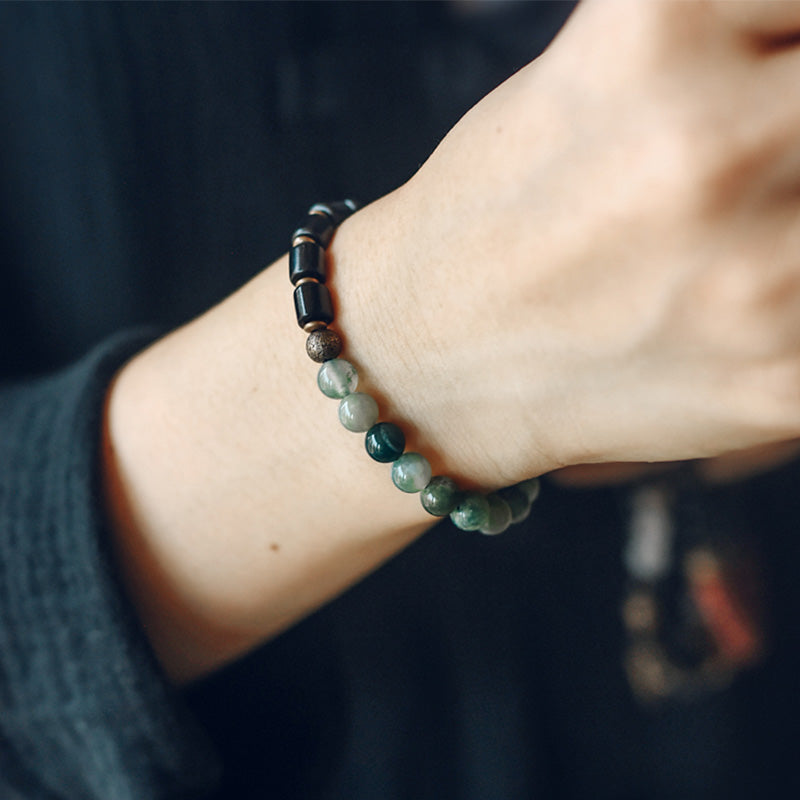 Nimara Ritual Ebony Wood Red Jasper Moss Agate Crystal Copper Peace Couple Bracelet