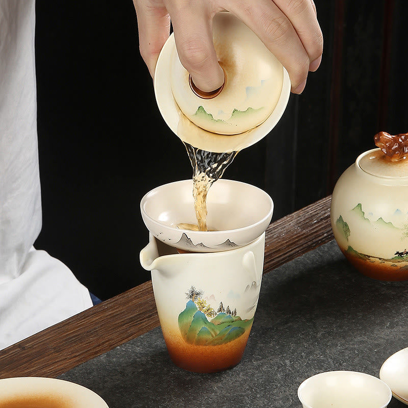 Nimara Ritual Mountain Landscape Countryside Ceramic Gaiwan Sancai Teacup Kung Fu Tea Cup And Saucer With Lid