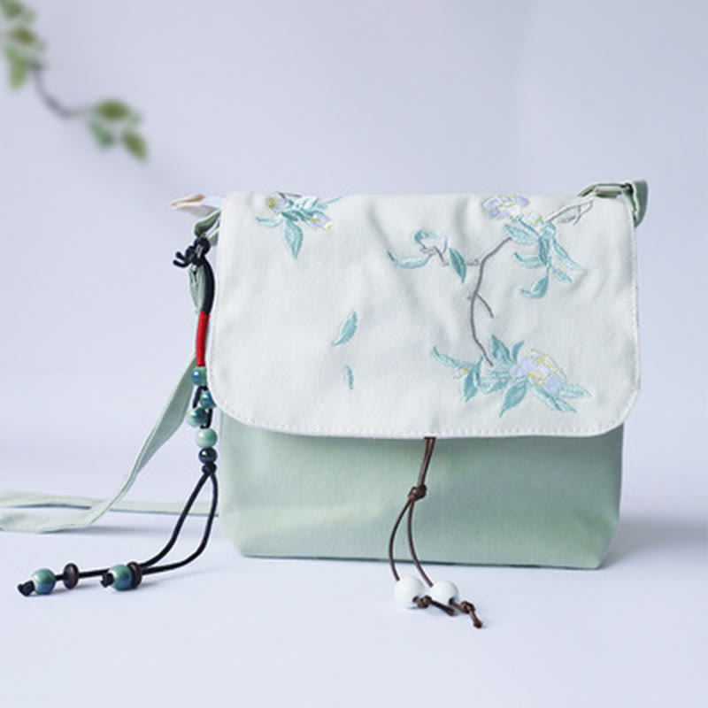 Nimara Ritual Handmade Embroidered Plum Flowers Canvas Crossbody Bag Shoulder Bag Handbag