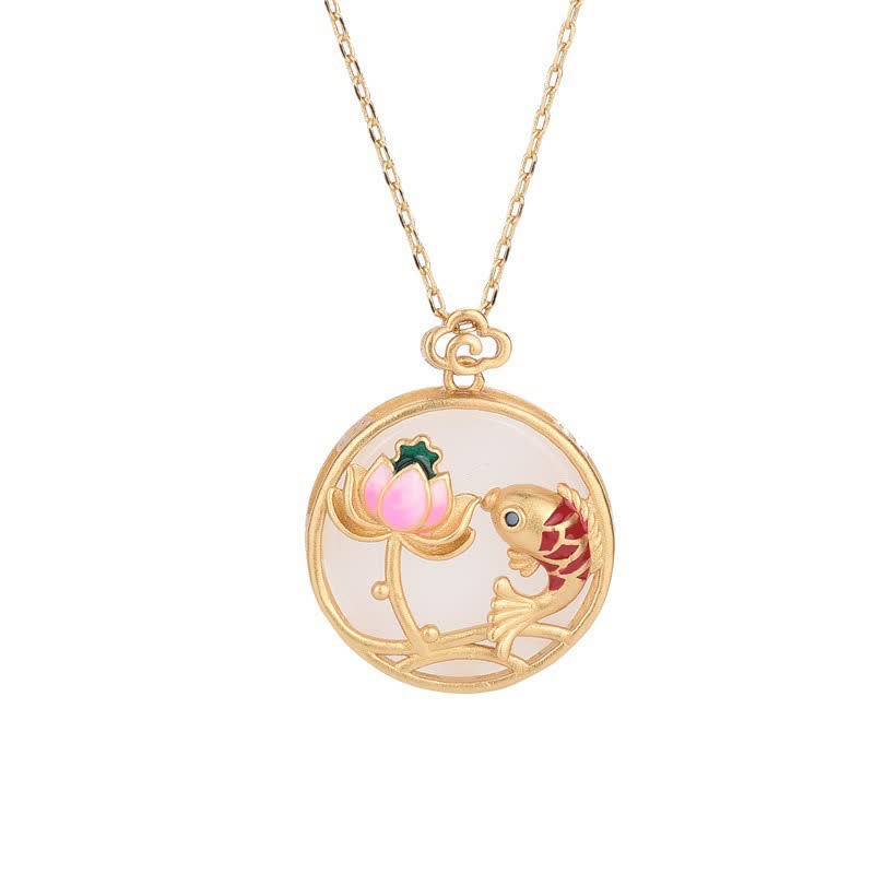 Nimara Ritual White Jade Koi Fish Lotus Blessing Necklace Pendant