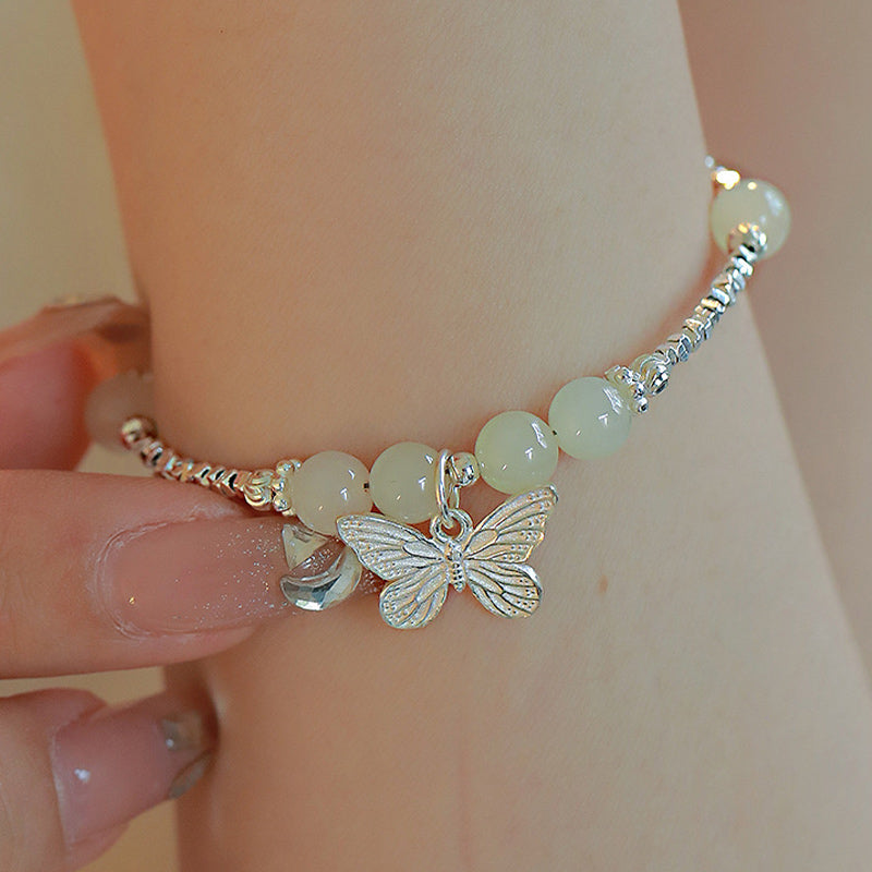 Nimara Ritual 925 Sterling Silver Natural Hetian Jade Luck Butterfly Charm Bracelet