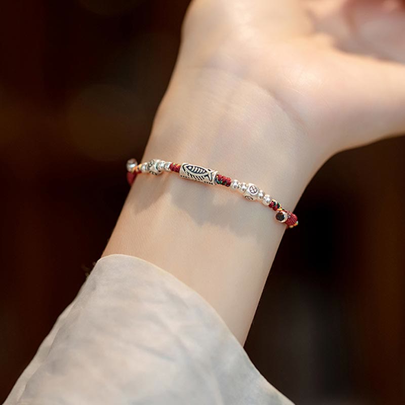 Nimara Ritual 925 Sterling Silver Luck Koi Fish Braided Colorful String Bracelet Anklet