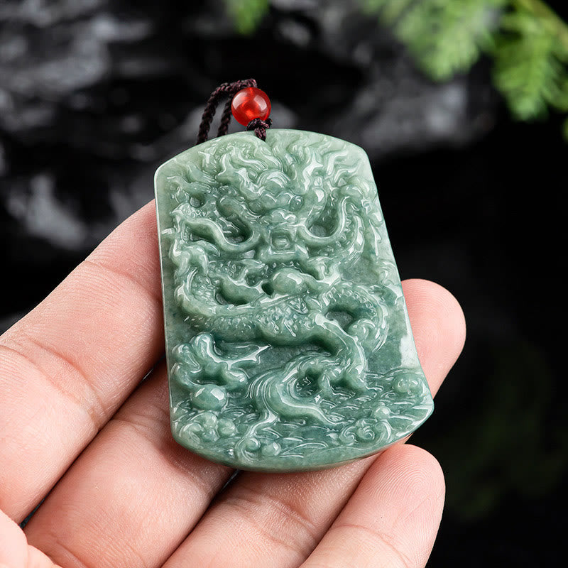 Nimara Ritual Natural Jade Chinese Zodiac Dragon Sea Luck String Necklace Pendant