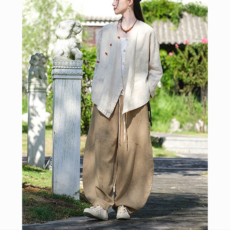 Nimara Ritual Solid Color Ramie Linen Loose Blouse Long Sleeve Shirt Chinese Hanfu Top