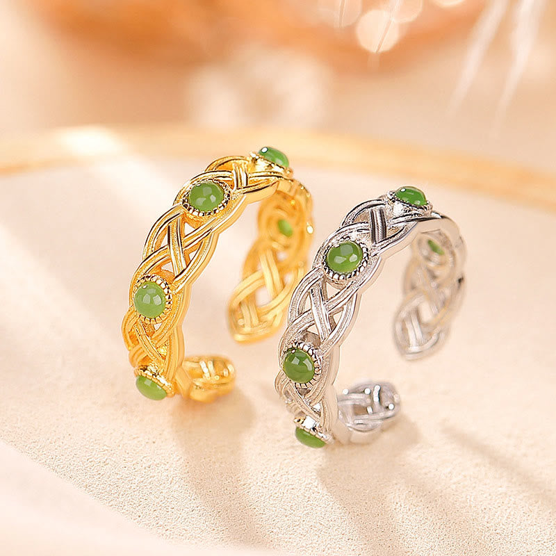 Nimara Ritual 925 Sterling Silver Plated Gold Cyan Jade Braided Design Success Luck Adjustable Ring