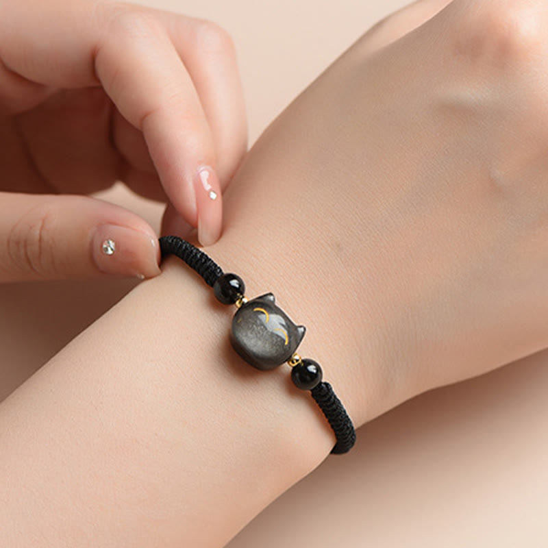 Nimara Ritual Handmade Natural Silver Sheen Obsidian Strawberry Quartz Cute Cat Protection Braided Bracelet