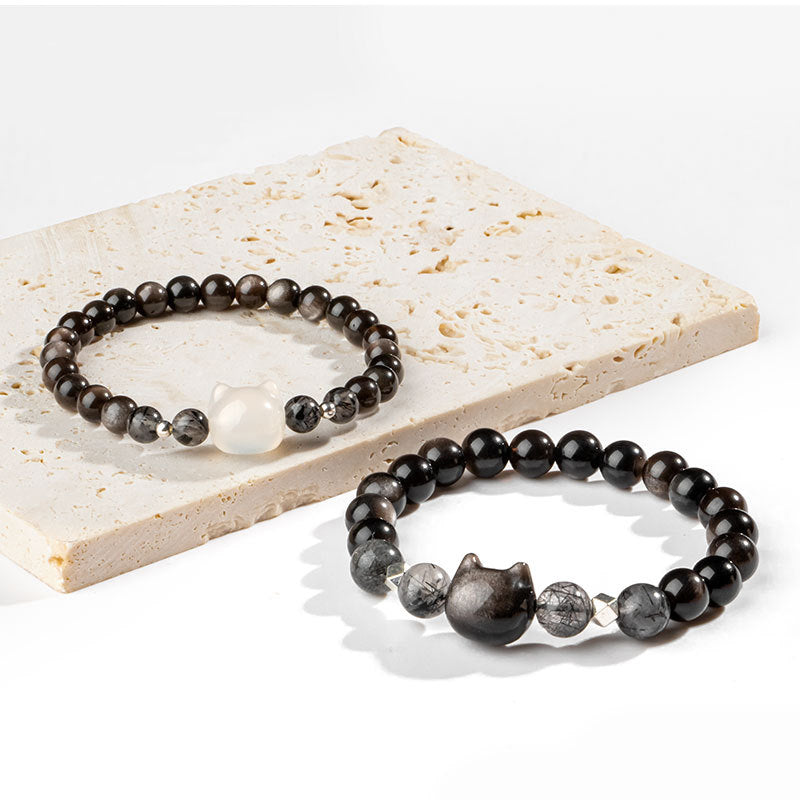 Nimara Ritual Natural Silver Sheen Obsidian Cute Cat Head Protection Bracelet