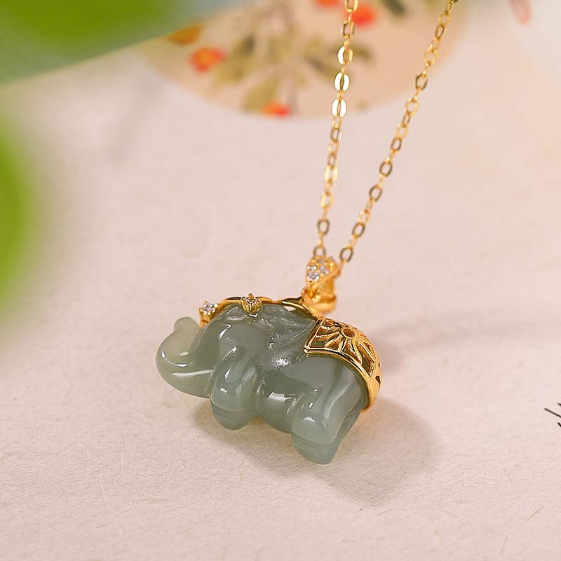 Nimara Ritual 925 Sterling Silver Jade Elephant Blessing Fortune Necklace Chain Pendant