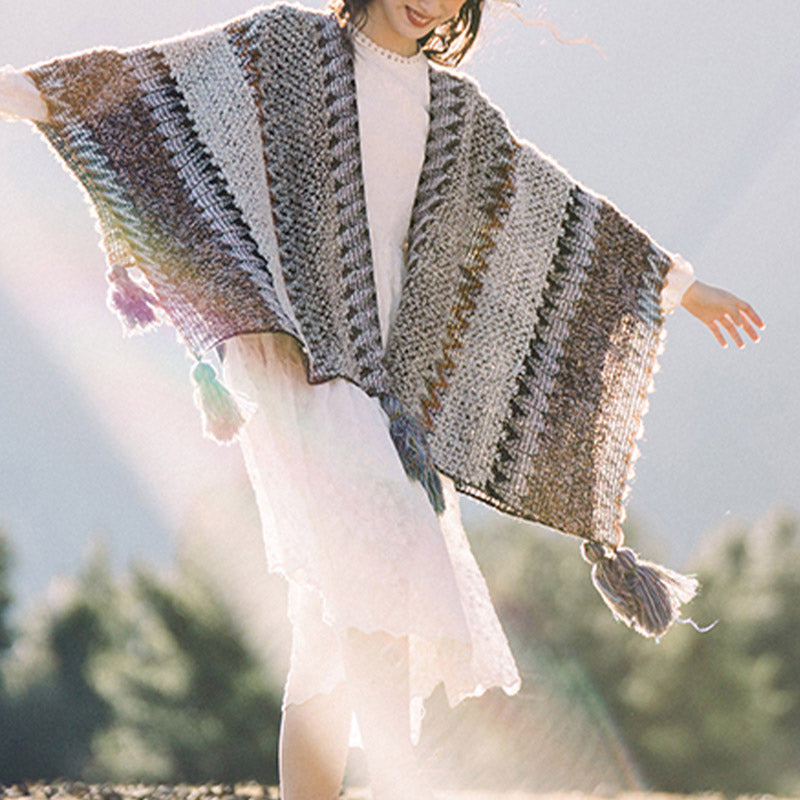 Nimara Ritual Tibetan Shawl Gray Brown Striped Knitted Tassels Winter Cozy Travel Scarf Wrap