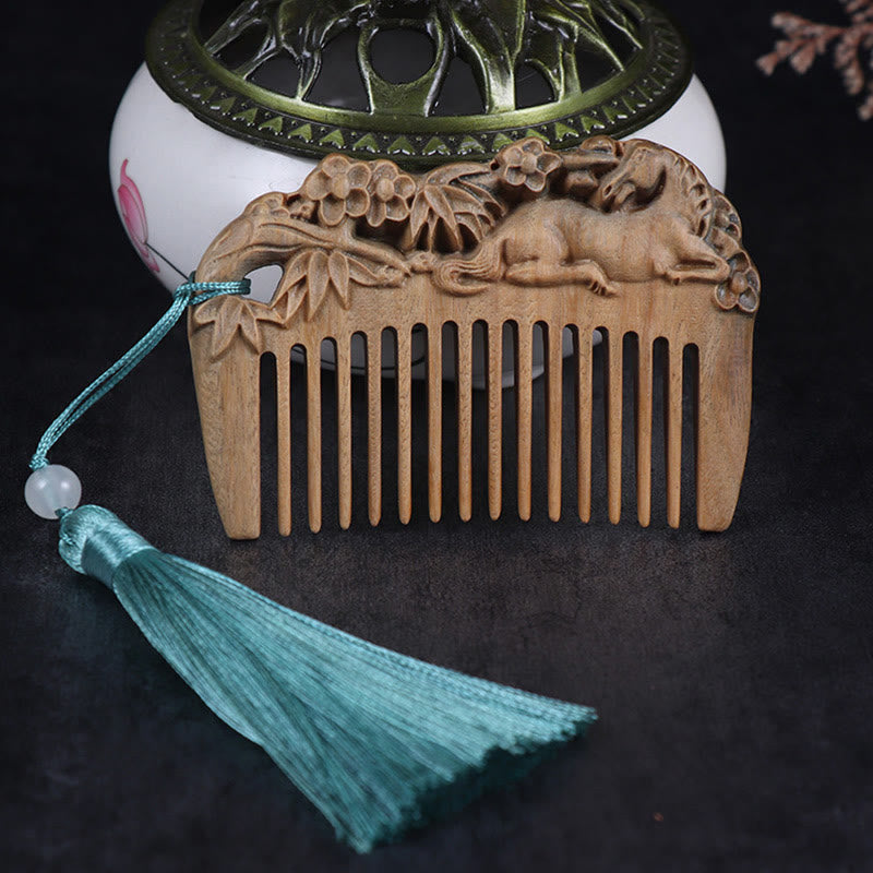 Nimara Ritual Green Sandalwood Fox Peony Flower Lotus Engraved Cure Tassel Comb