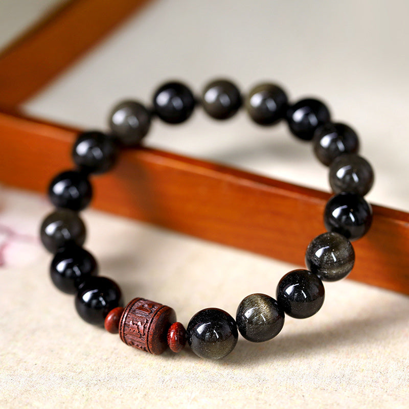 Nimara Ritual Natural Gold Sheen Obsidian Rainbow Obsidian Om Mani Padme Hum Fu Character Healing Bracelet