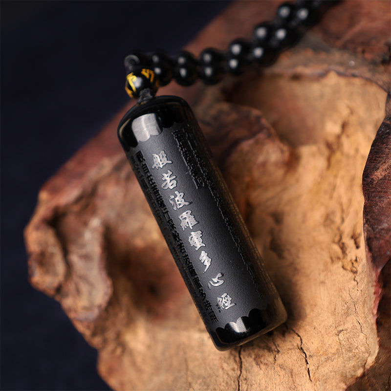 Nimara Ritual Natural Black Obsidian Heart Sutra Purification Necklace Pendant