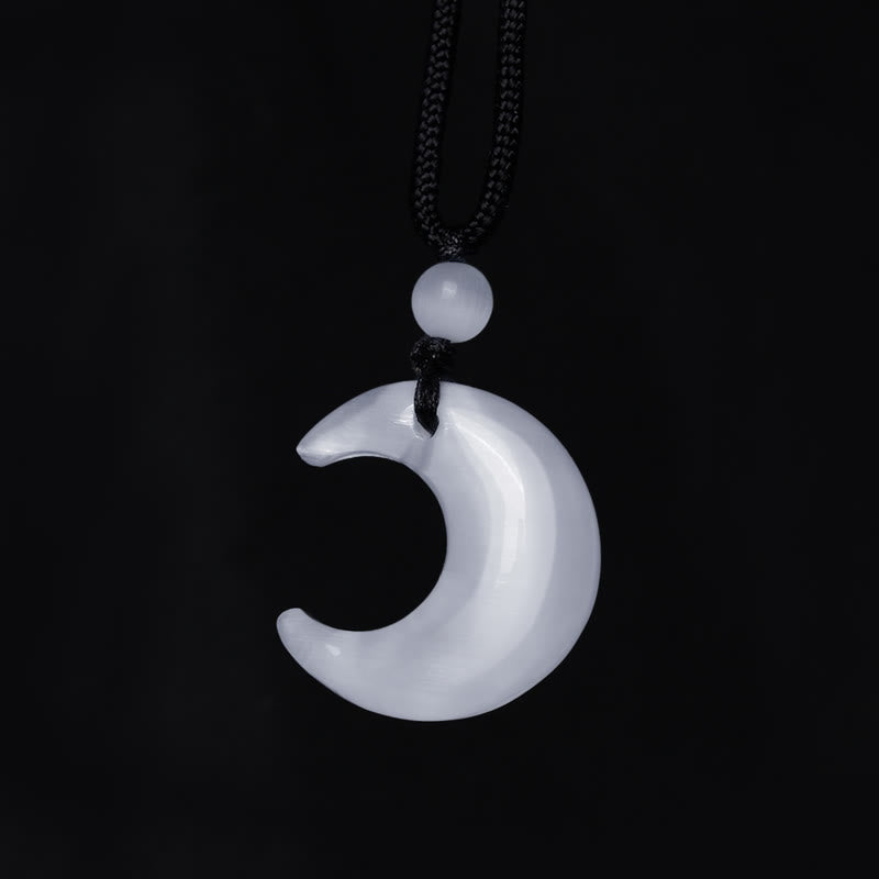 Nimara Ritual Natural Silver Sheen Obsidian Selenite Crystal Crescent Moon Yin Yang Couple Protection Necklace Pendant