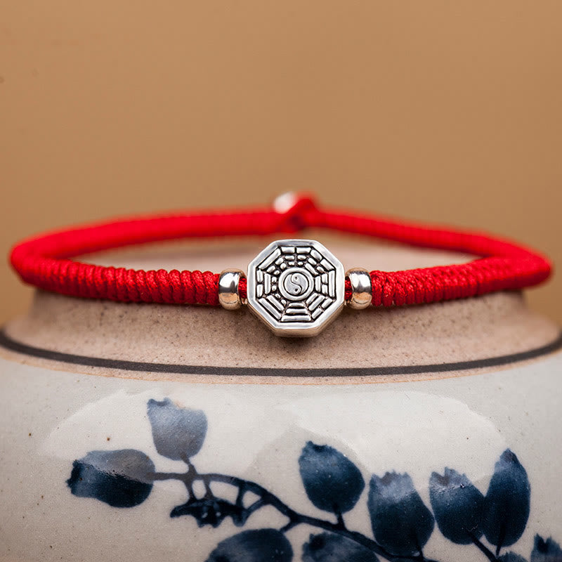 Nimara Ritual 925 Sterling Silver Yin Yang Bagua Symbol Cinnabar String Concentration Bracelet