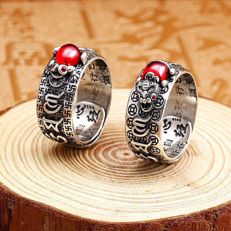 Nimara Ritual Genstone PiXiu Feng Shui Frog Vajra Dorje Heart Sutra Wealth Adjustable Ring