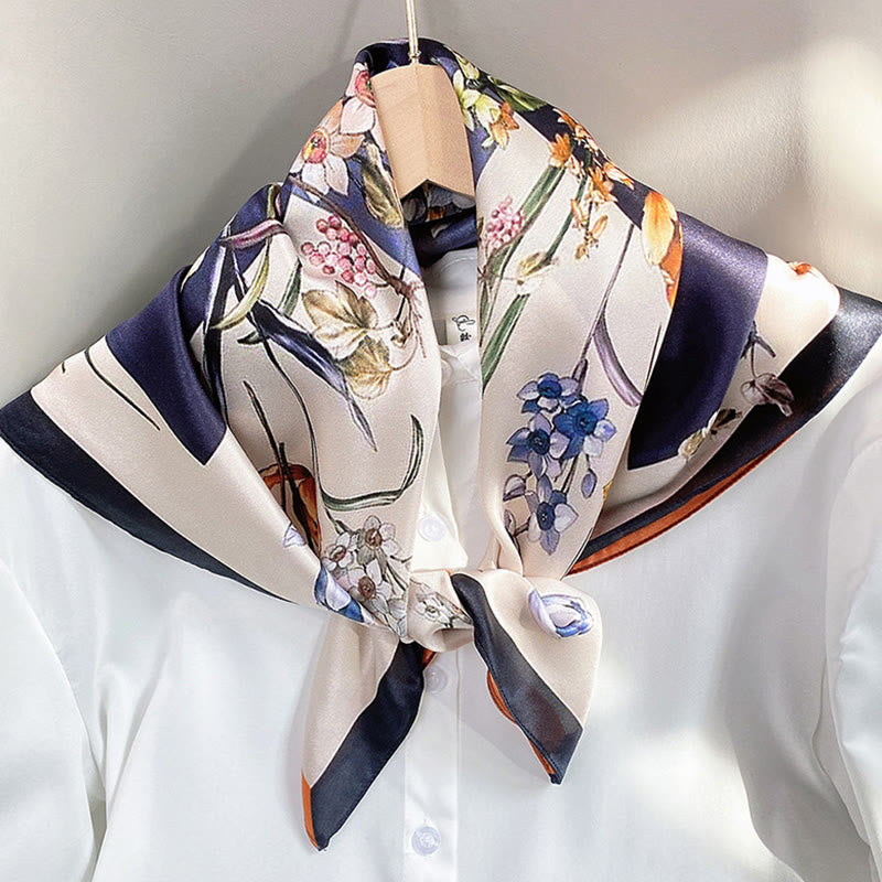 Nimara Ritual Pastoral Scene Hot Air Balloon Spring Blossom 100% Mulberry Silk Neck Hair Scarf