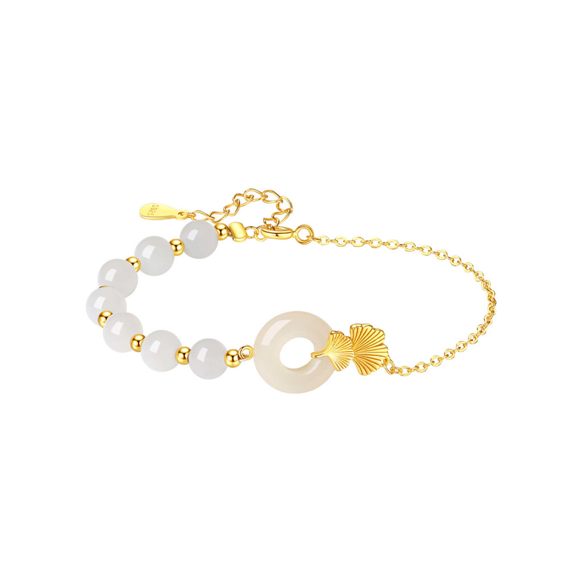 Nimara Ritual 925 Sterling Silver Hetian White Jade Peace Buckle Ginkgo Leaf Luck Bracelet