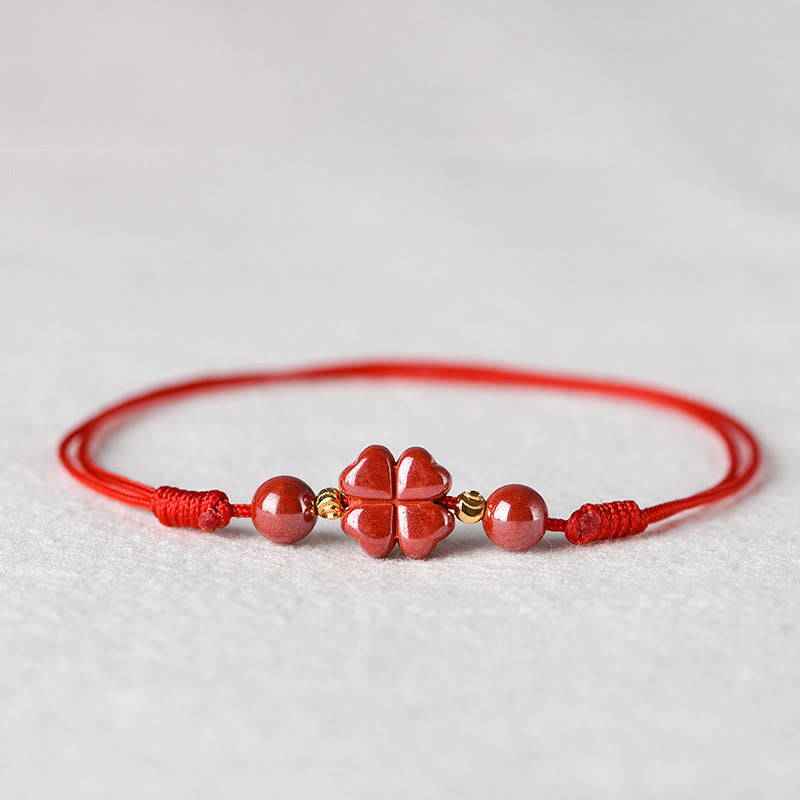 Nimara Ritual Four Leaf Clover Cinnabar Blessing Calm String Bracelet Anklet