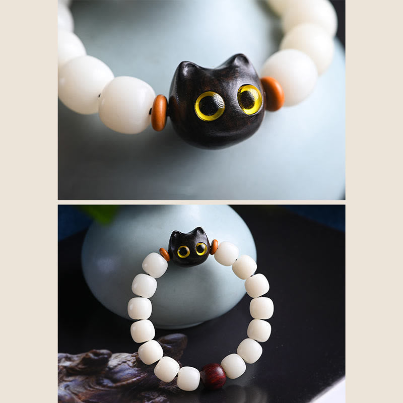 Nimara Ritual Natural Bodhi Seed Small Leaf Red Sandalwood Ebony Wood Cute Lucky Cat Wisdom Bracelet