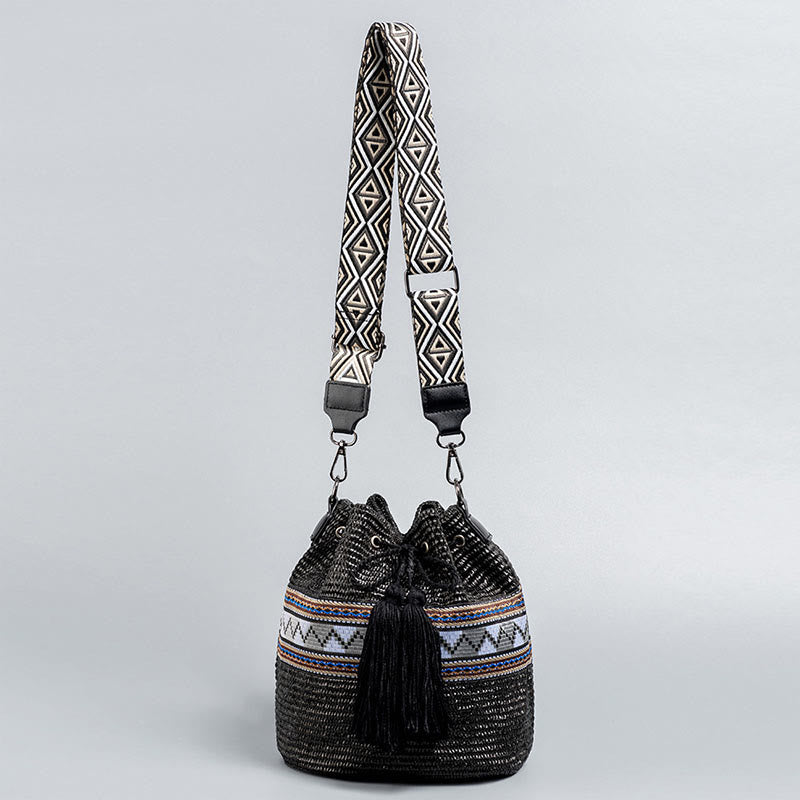Nimara Ritual Beach Geometry Straw Woven Bucket Tassels Crossbody Bag Shoulder Bag