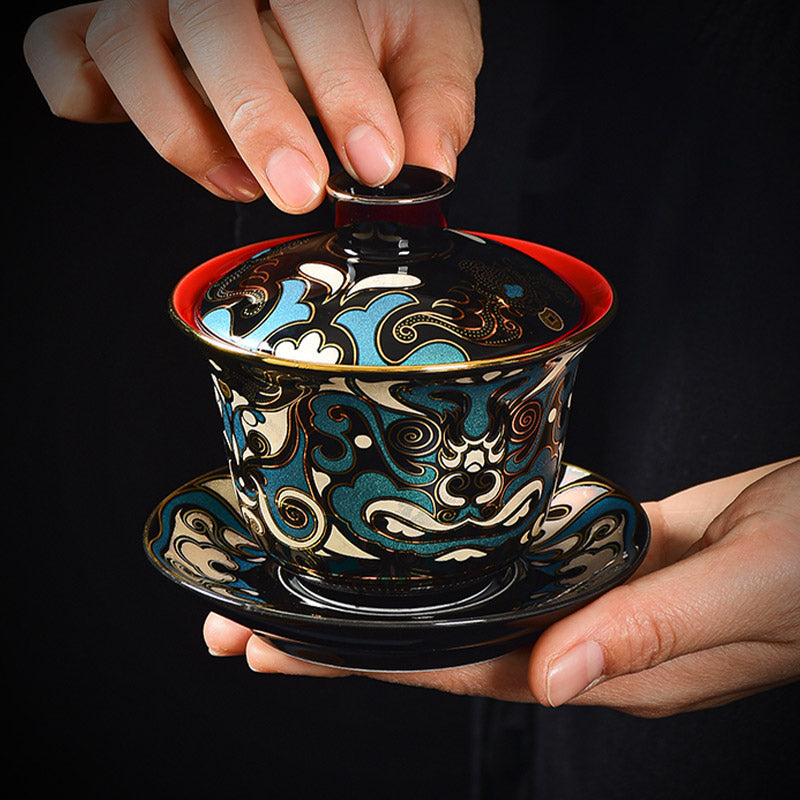 Nimara Ritual Peking Opera Mask Pattern Ceramic Gaiwan Sancai Teacup Kung Fu Tea Cup And Saucer With Lid Teapot
