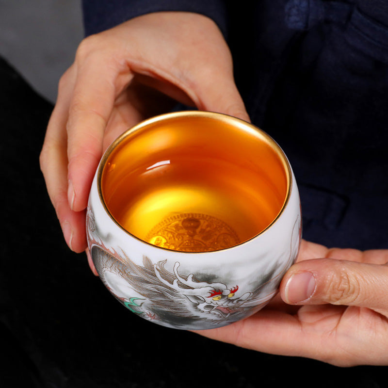 Nimara Ritual Dragon Gilt Gourd Ceramic White Porcelain Teacup Kung Fu Tea Cup 160ml