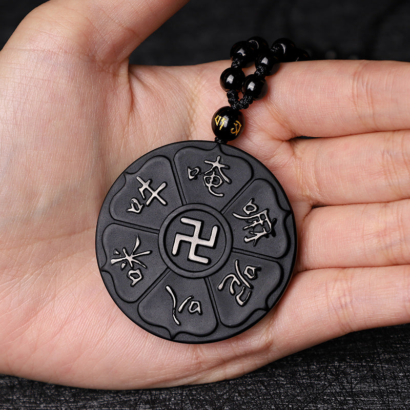 Nimara Ritual Natural Black Obsidian Tibetan Om Mani Padme Hum Buddha Swastika Luck Necklace Pendant