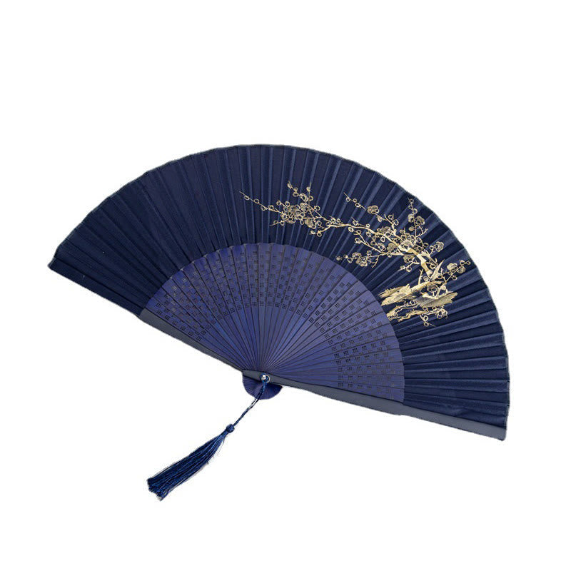 Nimara Ritual Crane Dragonfly Lotus Peony Plum Blossom Butterfly Handheld Silk Bamboo Folding Fan 22.5cm