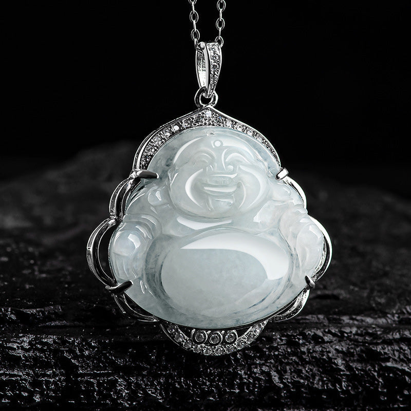Nimara Ritual Laughing Buddha Natural Jade Abundance Titanium Steel Chain Necklace Pendant