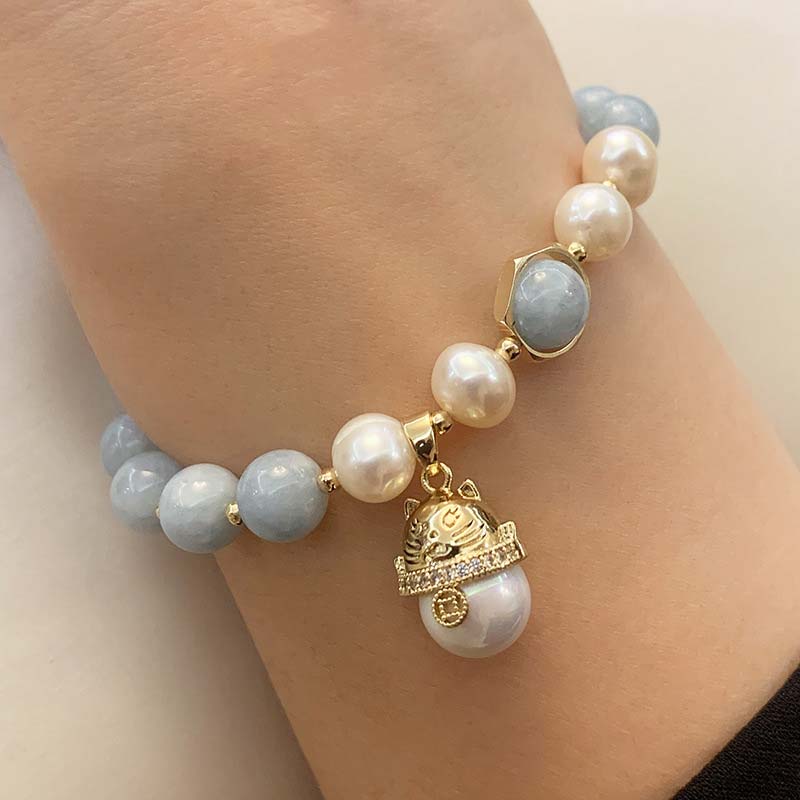 Nimara Ritual Aquamarine Pearl Peace Healing Lucky Cat Charm Bracelet