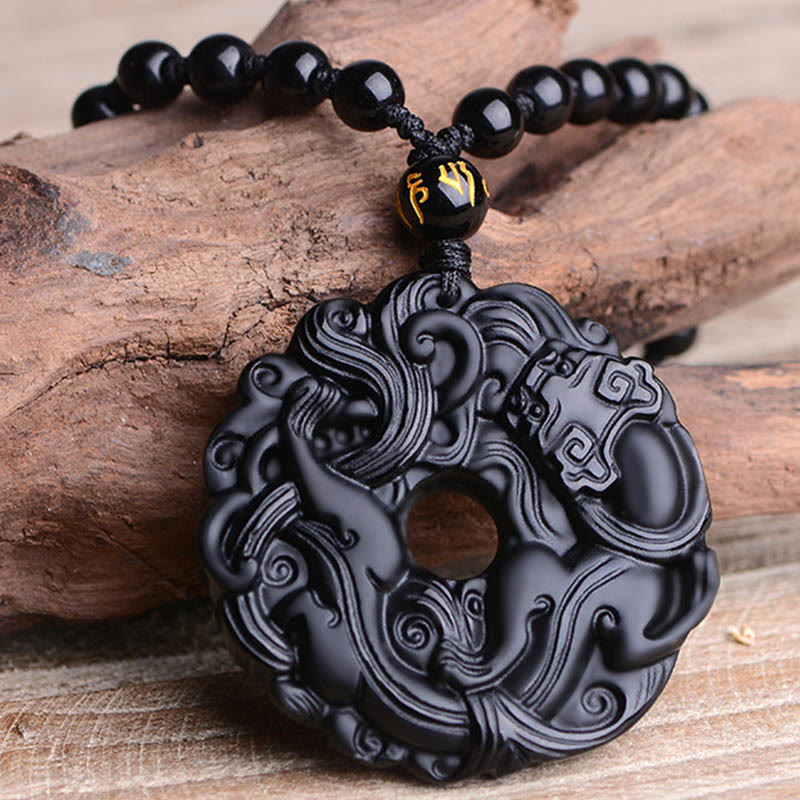 Nimara Ritual Natural Black Obsidian Peace Buckle Pixiu Purification Necklace Pendant
