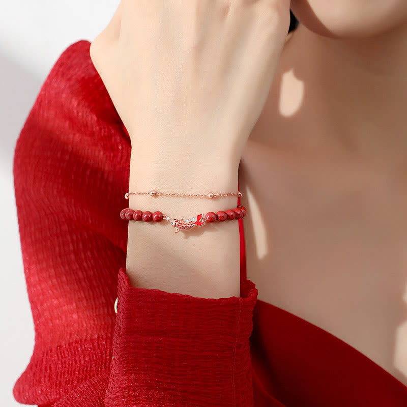 Nimara Ritual 925 Sterling Silver Lucky Koi Fish Cinnabar Zircon Prosperity Double Layer Chain Bracelet