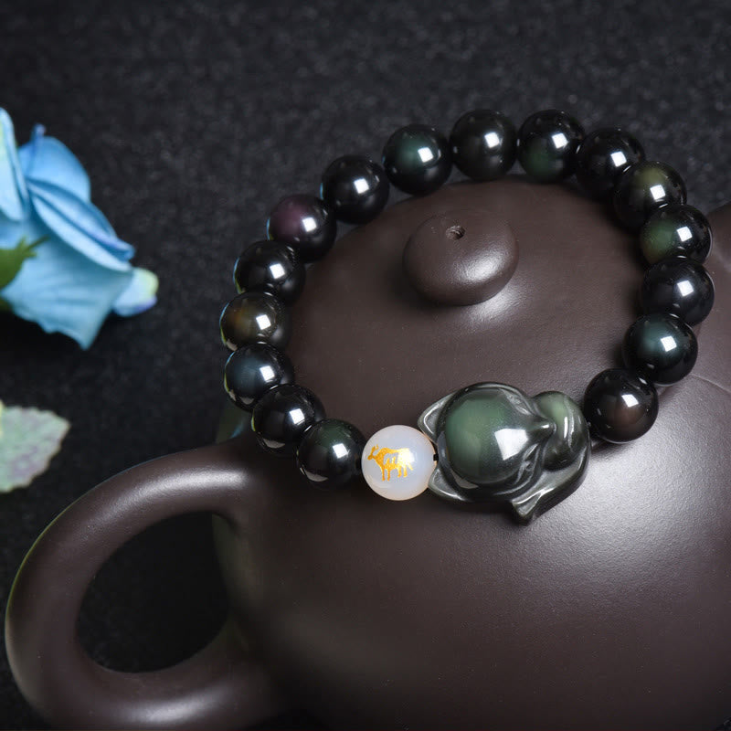 Nimara Ritual Natural Rainbow Obsidian Gold Sheen Obsidian Silver Sheen Obsidian Fox Healing Bracelet
