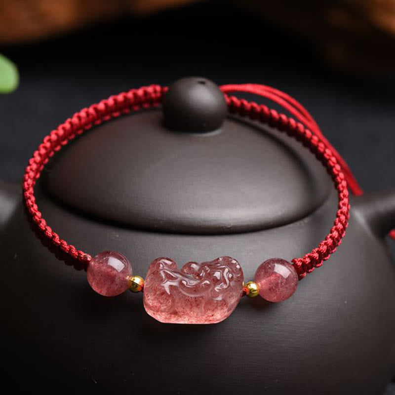 Nimara Ritual Natural Strawberry Quartz PiXiu Lucky Red String Bracelet