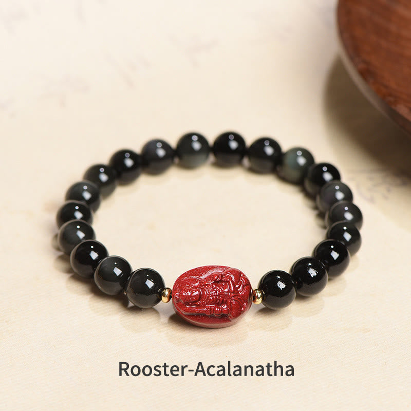 Nimara Ritual Chinese Zodiac Natal Buddha Natural Black Obsidian Cinnabar Purification Bracelet