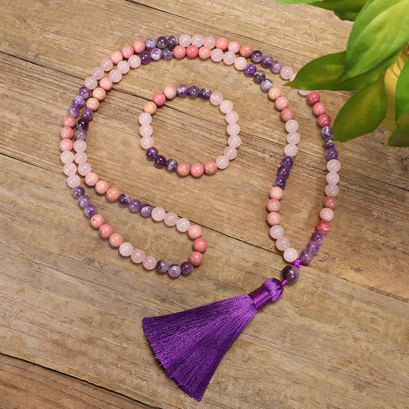 Nimara Ritual 108 Mala Beads Amethyst Rose Quartz Spiritual Healing Tassel Bracelet