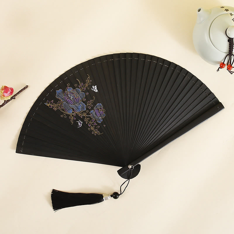 Nimara Ritual Hibiscus Flower Plum Blossom Handheld Bamboo Folding Fan