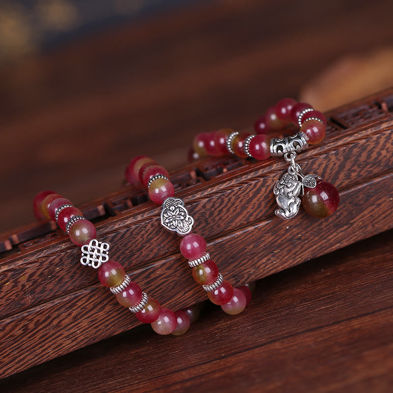 Nimara Ritual Natural Watermelon Tourmaline PiXiu Elephant Positive Triple Wrap Bracelet