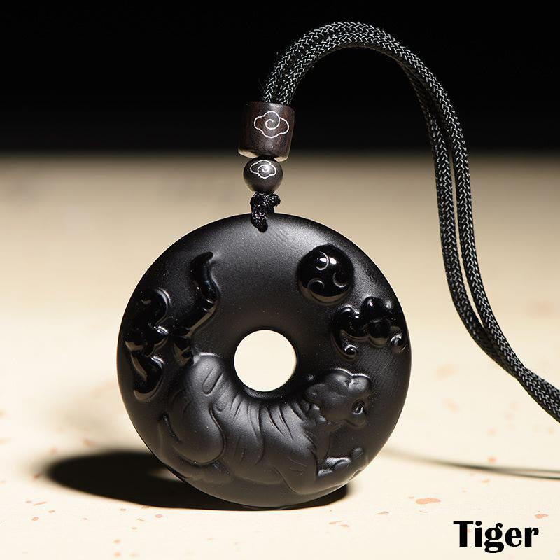 Nimara Ritual Chinese Zodiac Natural Black Obsidian Peace Buckle Strength Necklace Pendant
