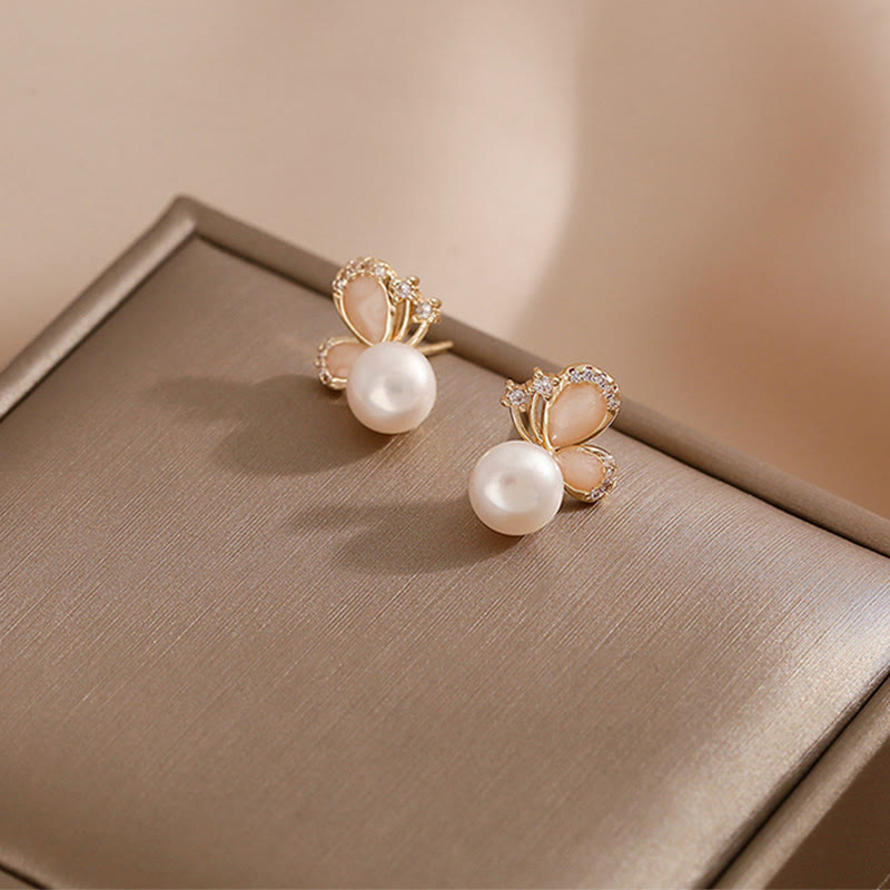 Nimara Ritual 18k Gold Plated Pearl Butterfly Love Freedom Stud Earrings