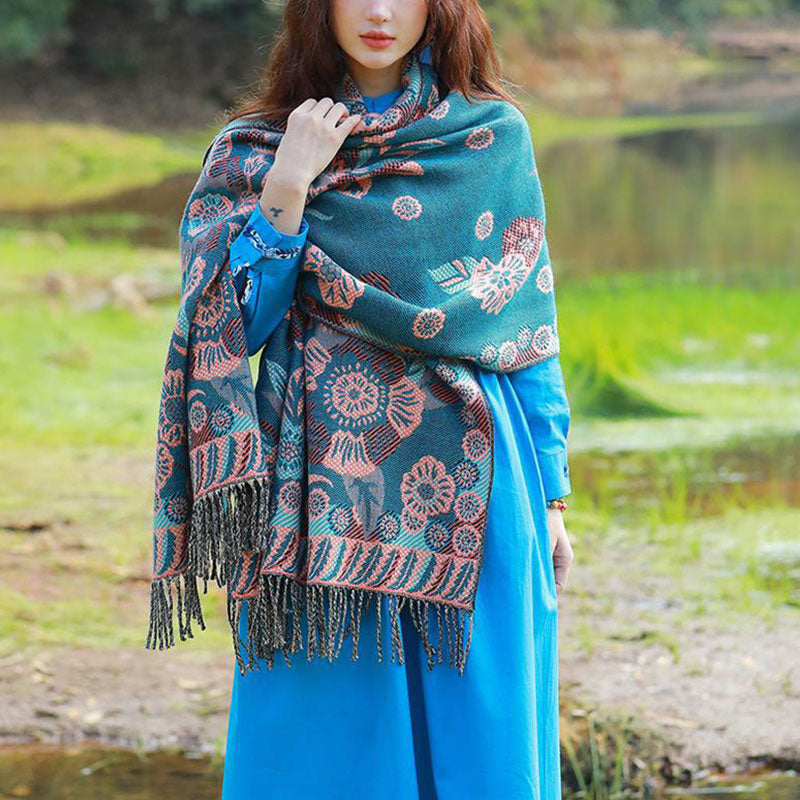 Nimara Ritual Tibetan Flower Floral Leaves Pattern Design Shawl Cozy Travel Scarf Wrap