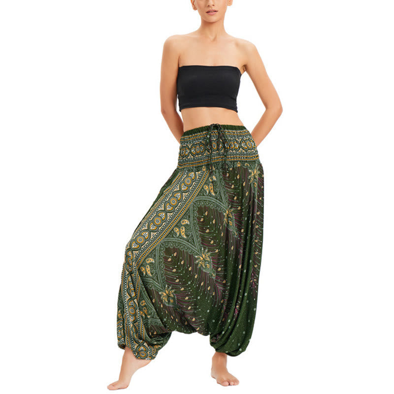 Nimara Ritual Two Style Wear Peacock Feather Loose Smocked Harem Trousers Jumpsuit High Waist Pants