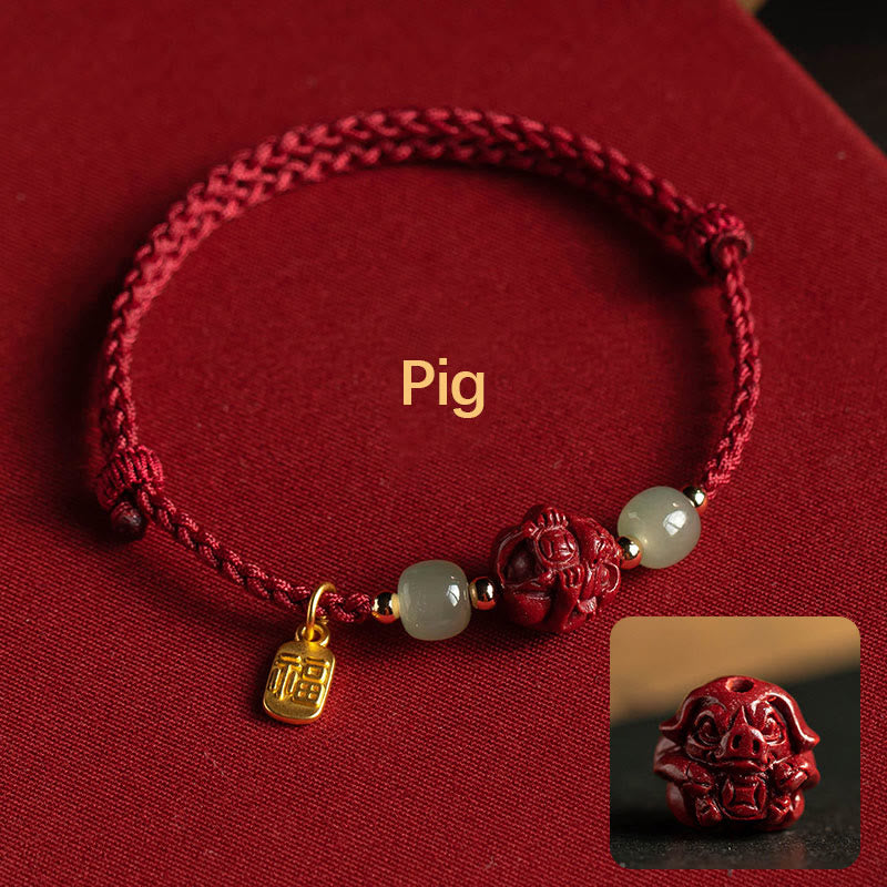 Nimara Ritual Natural Cinnabar Chinese Zodiac Hetian Jade Fu Character Luck Rope Bracelet