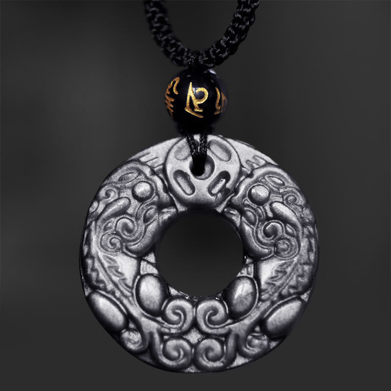 Nimara Ritual Natural Silver Sheen Obsidian Double PiXiu Copper Coin Peace Buckle Protection Necklace Pendant
