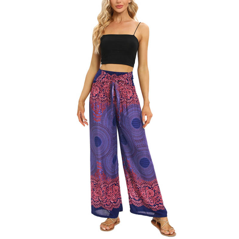 Nimara Ritual Bohemian Compass Flower Print Lace-up Wide Leg Pants Women's Yoga Pants